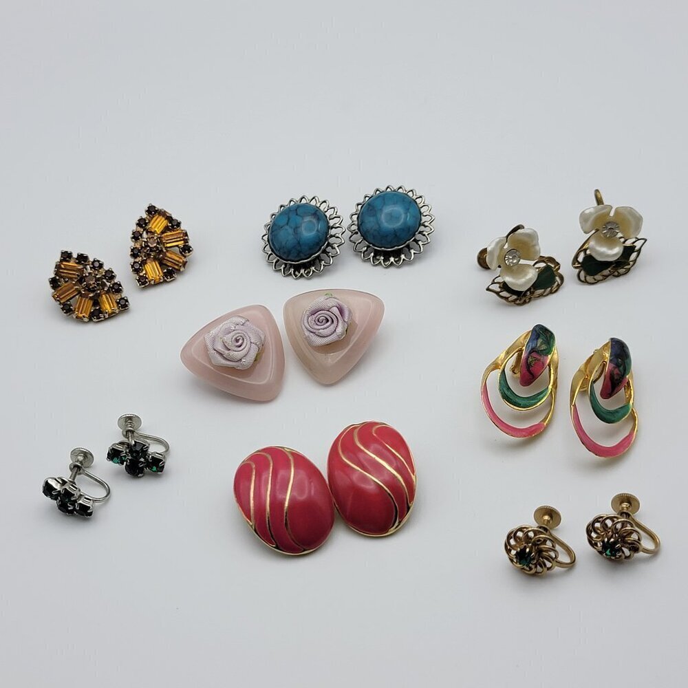 Vintage Clip On/Screw Back Earrings Lot Enamel Crystal Silver Gold Tone 8-Pair